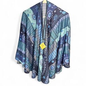 100% Cashmere Shawl Wrap Handmade Fair Trade Blue Patchwork Open Front NWT